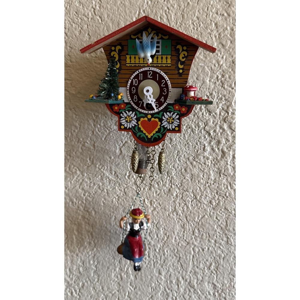 Vintage West German Swiss Chalet Cuckoo Clock w/ Bouncing Girl On Swing No Key